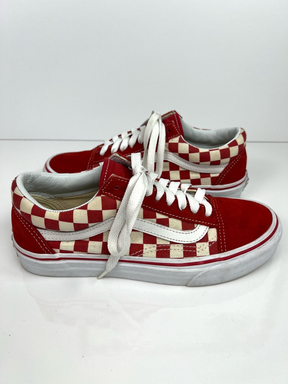Vans Classic Old Skool Red/Natural Checkerboard Sk8r Sneakers size 8.0 Celeb Fav